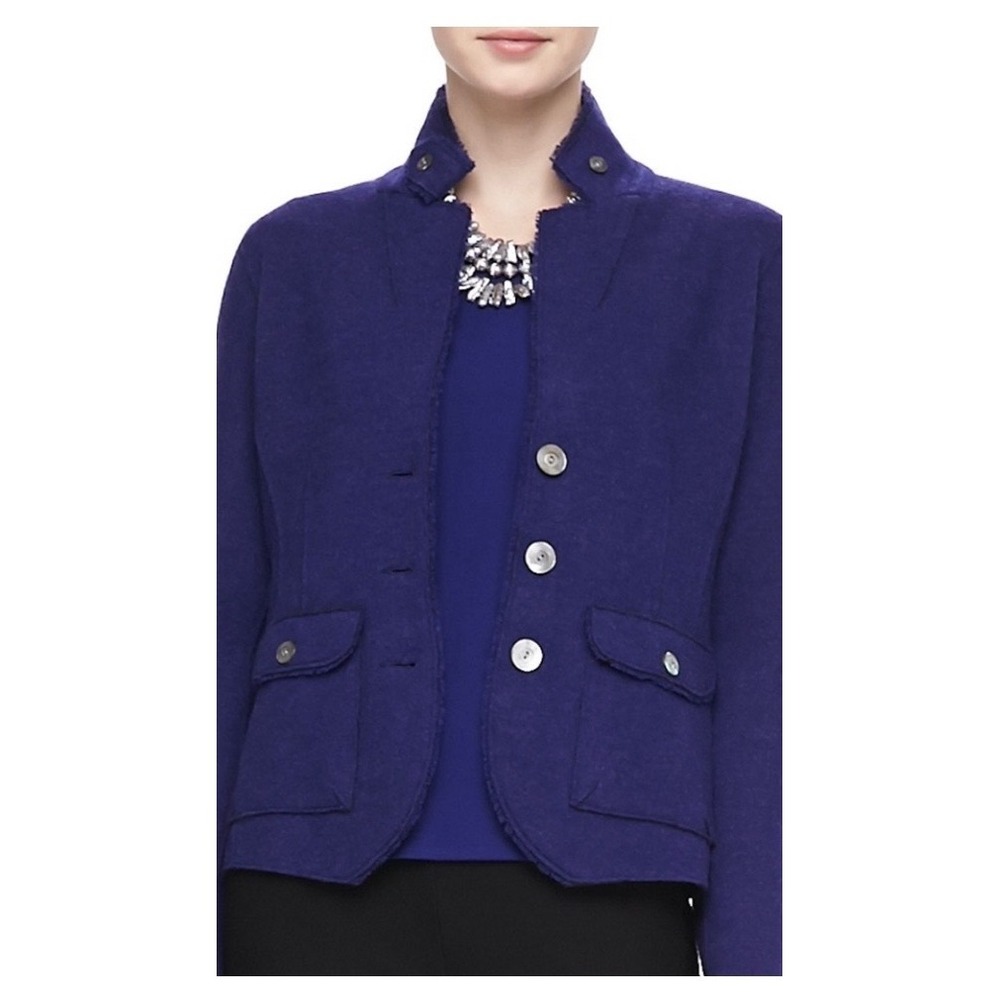 Eileen Fisher Royal Blue Purple Boiled Merino Wool Fringe Jacket Size Medium